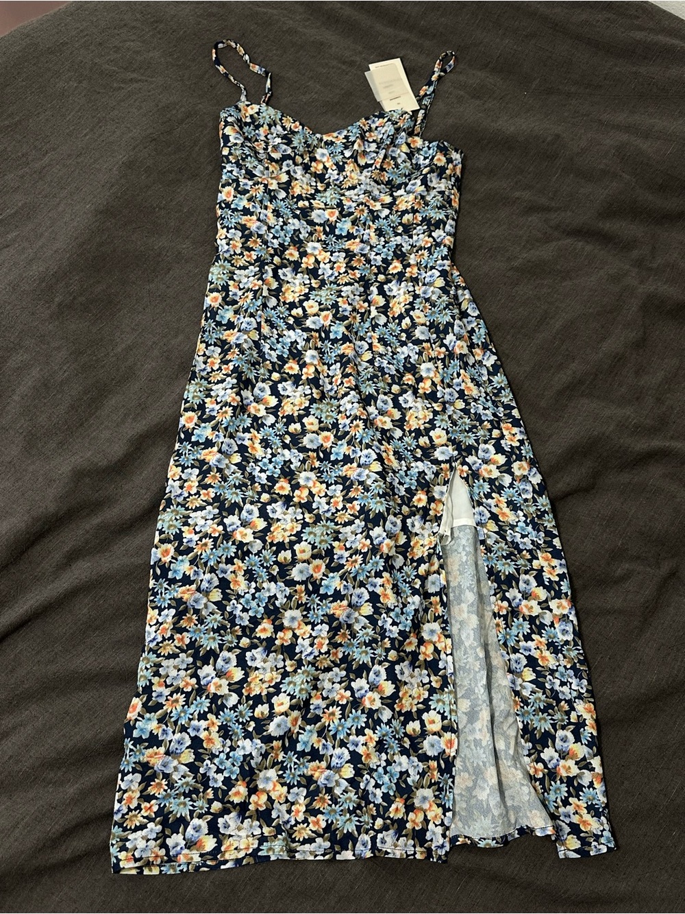 Commense Navy Floral Midi Dress with Blue and Yellow Flowers